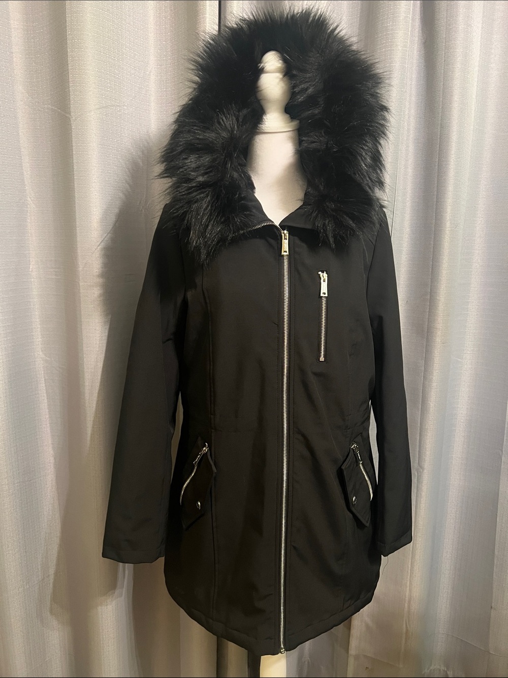 Calvin Klein Black Water-Resistant Softshell Winter Parka Coat Faux Fur Hood M